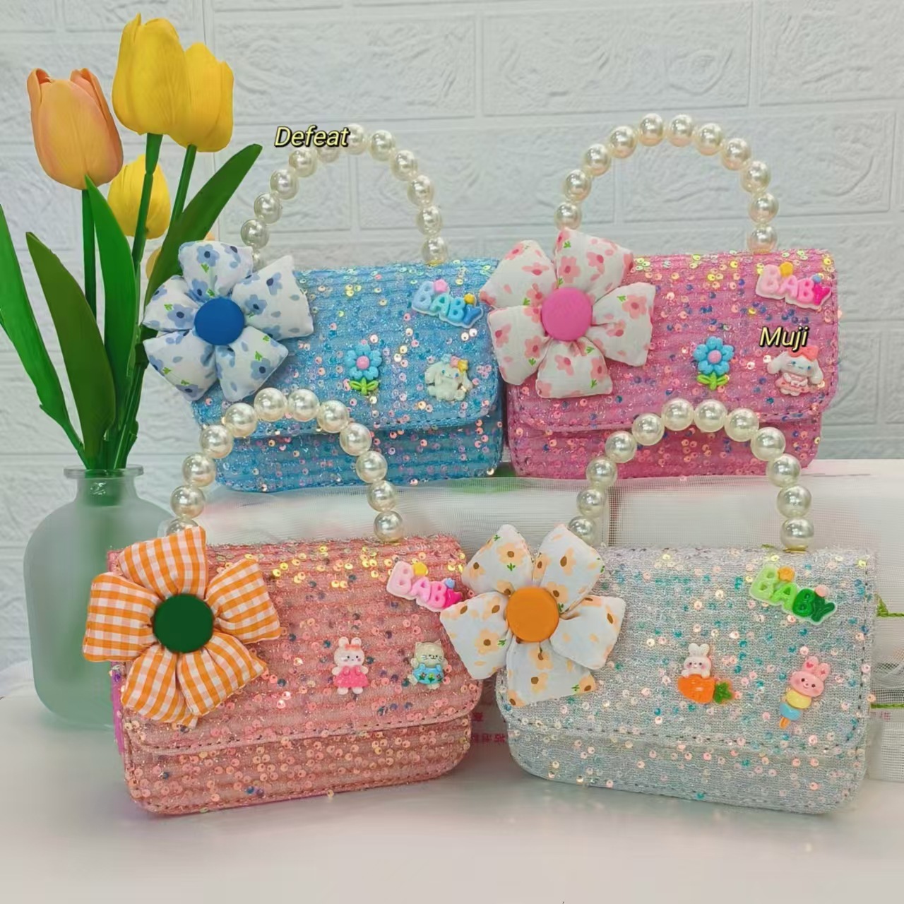 Kulomi pearl handbag, princess bag, chain bag, Flower small square bag, Little girl single-shoulder crossbody bag, accessory bag details Picture