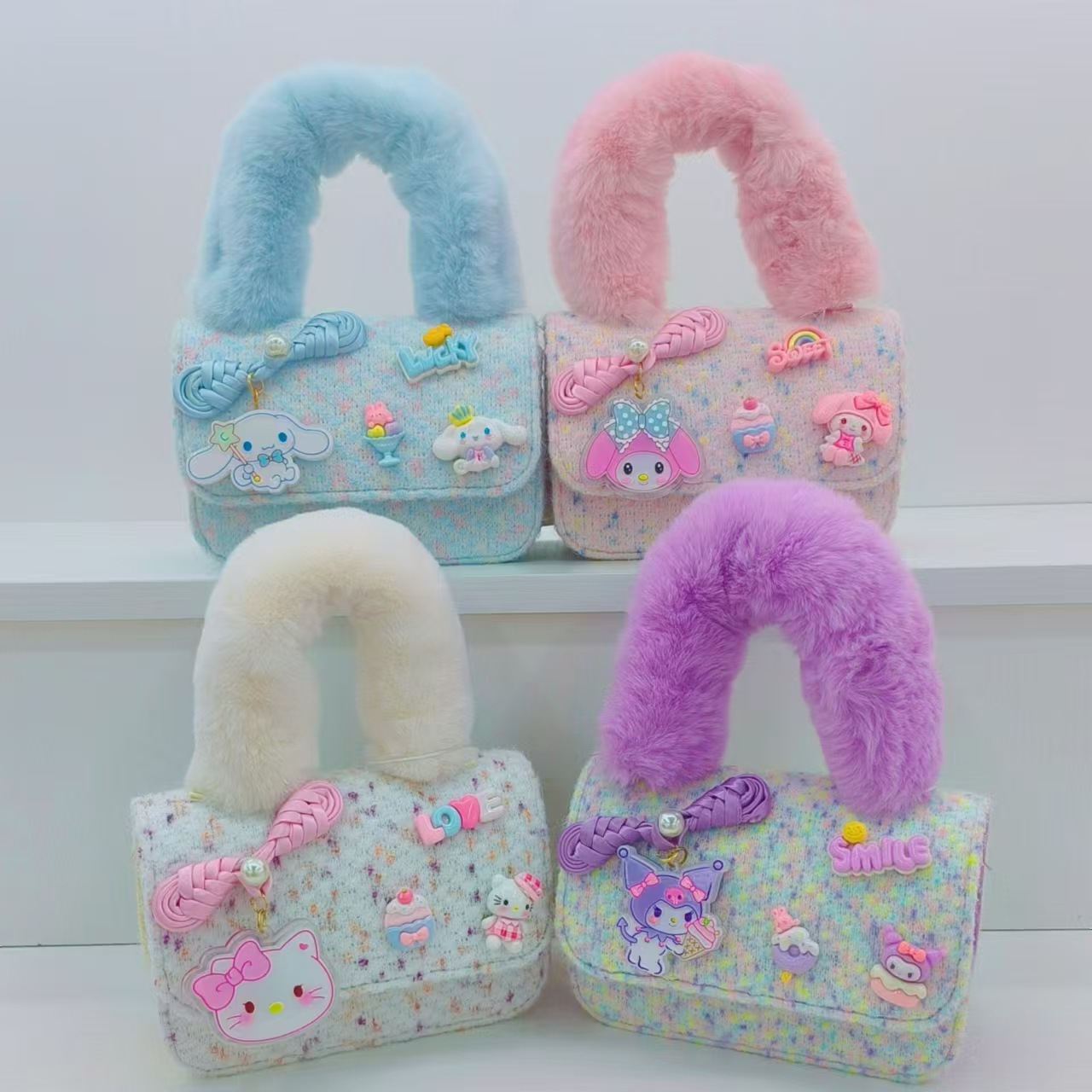 Chinese-style and stylish plush handbag, children's single-shoulder crossbody bag, little girl's coin purse, fashionable Melody small square bag full figure