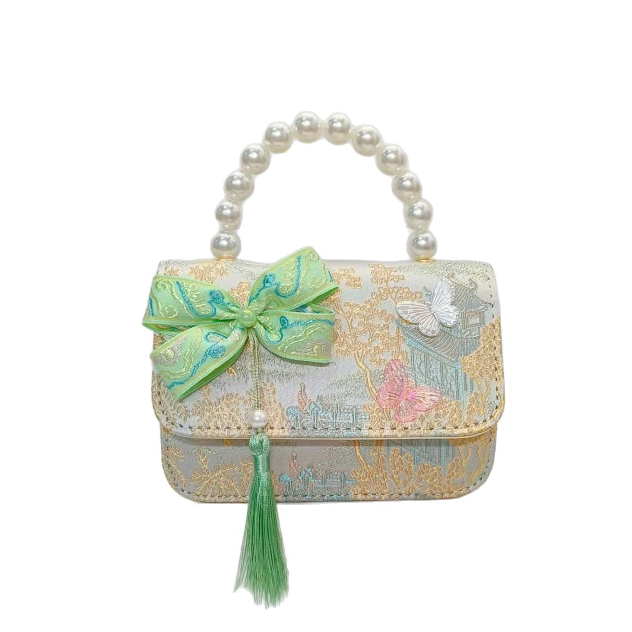 Bow Chinese-style princess bag, pearl handbag, chain square bag, children's Hanfu accessory bag, girls' festival gift Item Picture