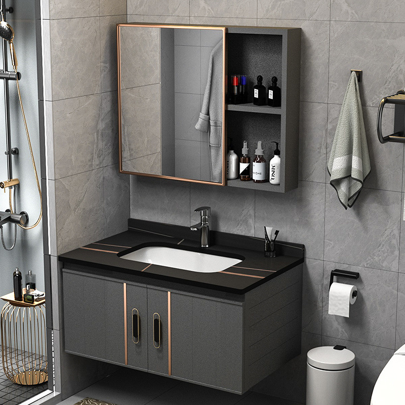 Light luxury rock plate space aluminum bathroom cabinet combination, modern and simple small-sized washbasin, household bathroom washbasin details Picture