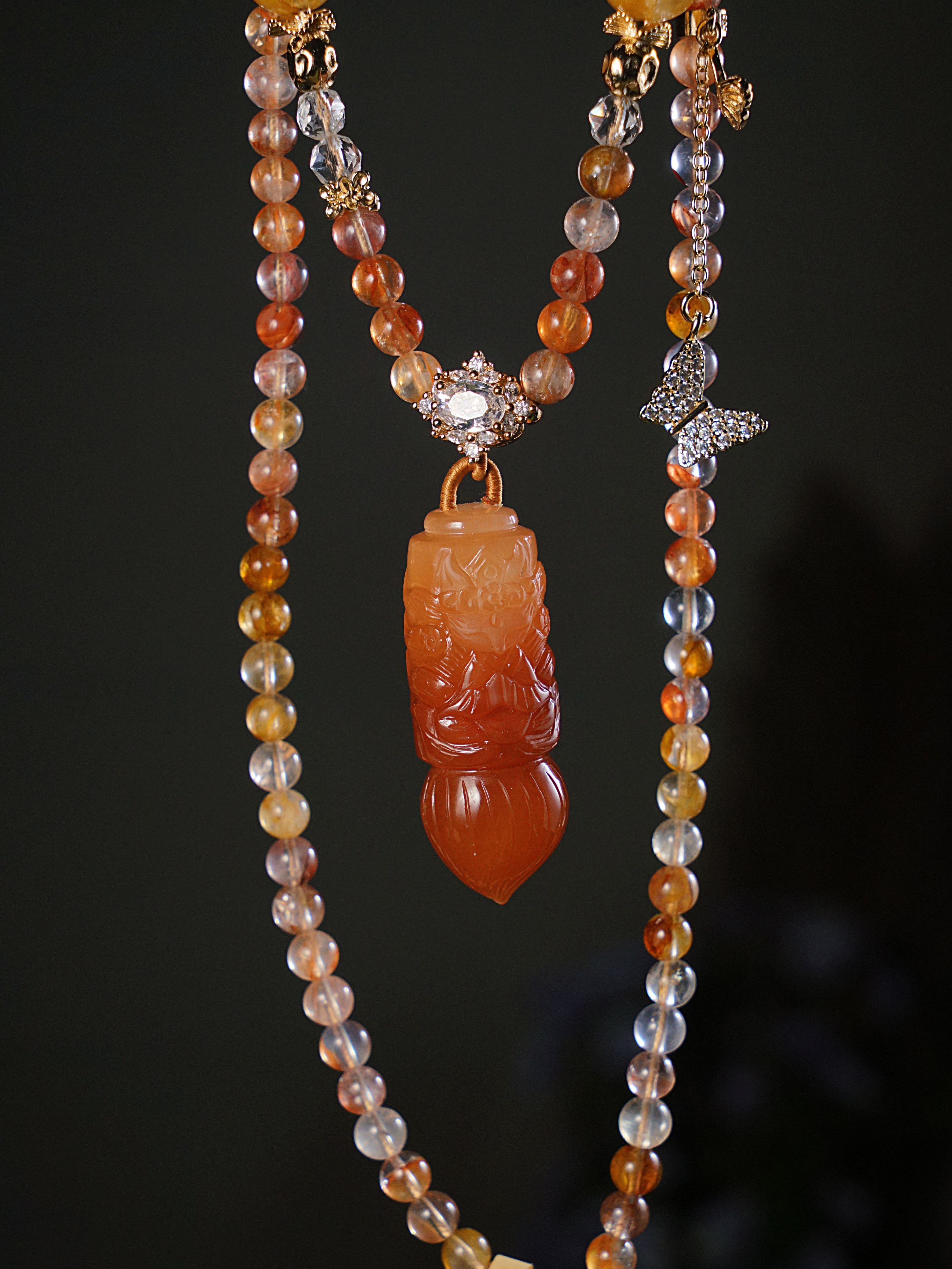 天然红水晶九尾狐文昌笔设计款毛衣链逢考必过