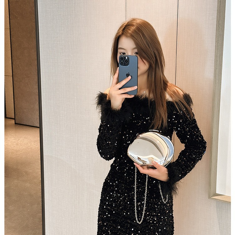 2025 New cross-border niche design metal acrylic single-shoulder crossbody makeup bag with goose eggs, fashionable small bag Specification drawing