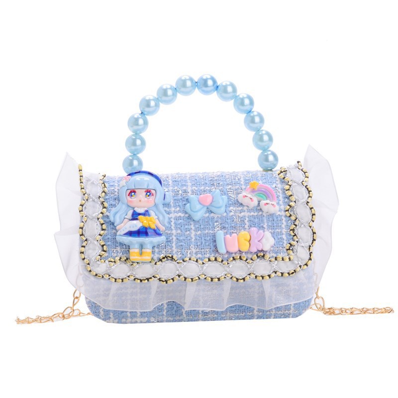 Cute princess pearl handbag for girls, stylish chain crossbody children's bag, cartoon little girl loose change single-shoulder bag Item Picture