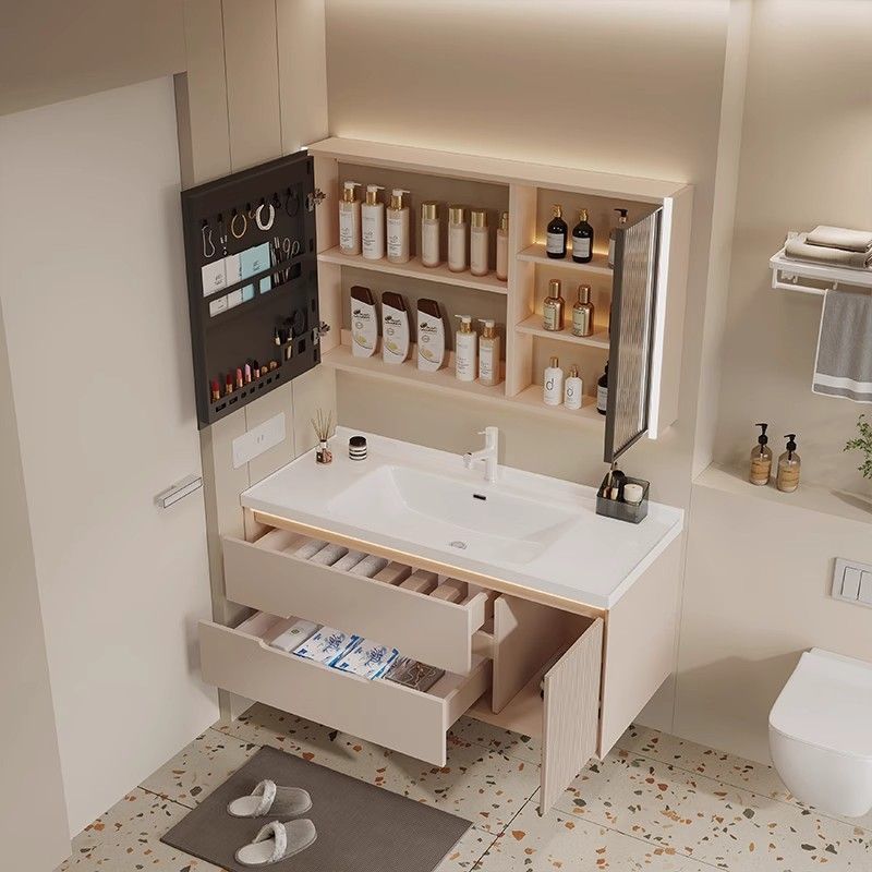 French light luxury bathroom cabinet, combined washbasin, ceramic integrated washbasin, smart washbasin, hand washing, bathroom cabinet, cream Application Scenario
