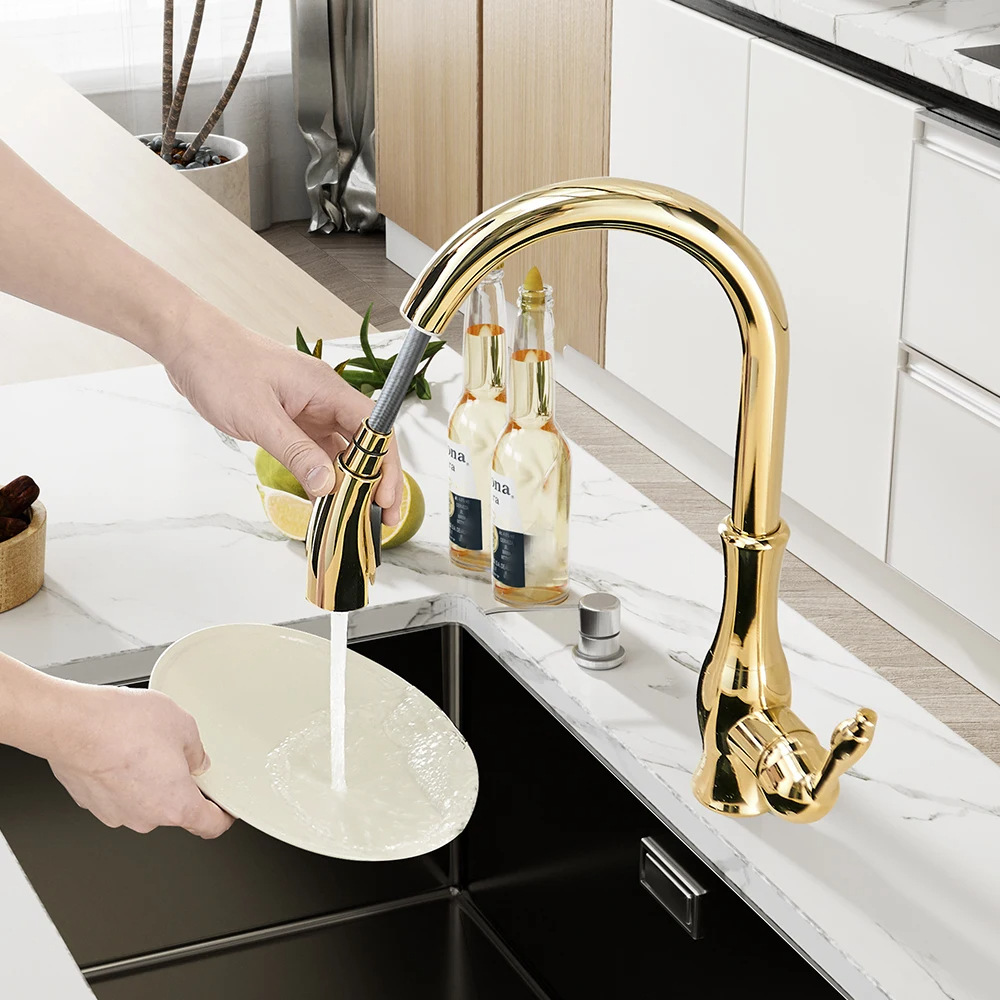 Sink, kitchen hot and cold water faucet, mixed water, pull-out rotating anti-splash copper processing, household kitchen sink faucet Specification drawing