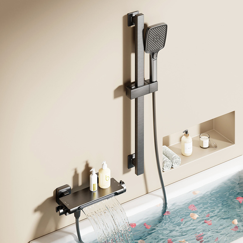 The bathroom features a full copper gun, a grey bathtub, a waterfall faucet, a hot and cold shower, and a wall-mounted shower head set full figure