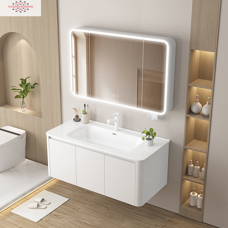 Arc-shaped honeycomb aluminum thickened space aluminum bathroom cabinet, integrated ceramic washbasin cabinet set, face washing, makeup and washbasin details Picture