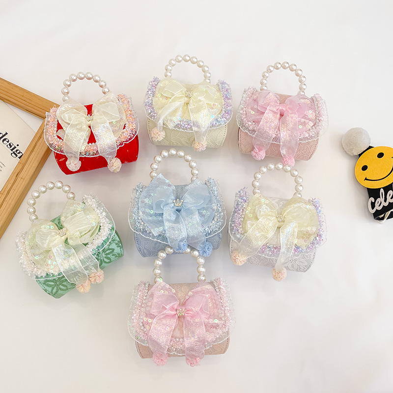Pearl Children's Handbag 2024 New Style, Girls' bow crossbody bag, Fashionable princess, cotton and linen accessories, coin purse full figure
