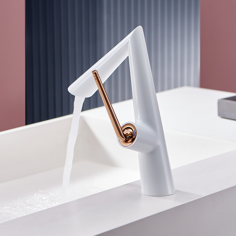 Amazon designer's all-copper hot and cold basin faucet, white single-hole bathroom cabinet, creative washbasin faucet details Picture