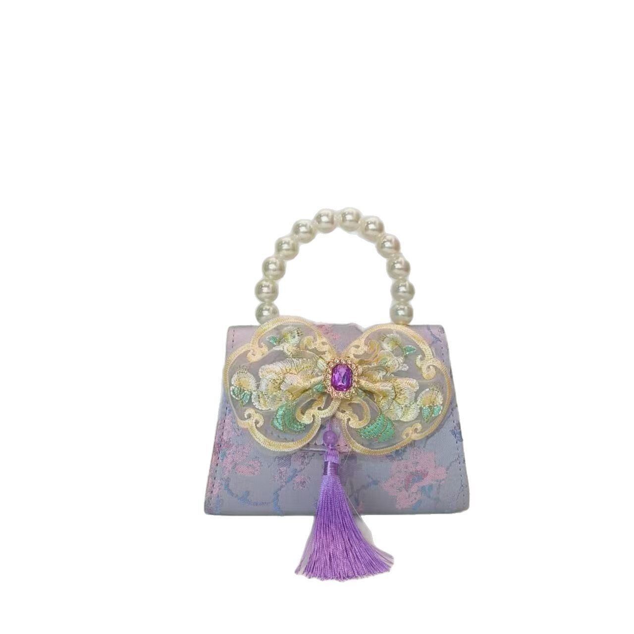 Pearl handbag, new Chinese-style children's bag, little girl loose change accessory bag, chain bag, bow small square bag Item Picture