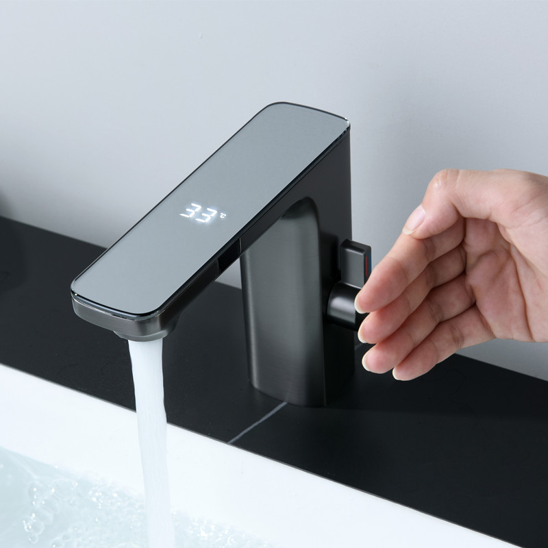 Fully automatic sensor faucet, intelligent LED digital display, cold and hot sensor washbasin, infrared water outlet washbasin details Picture