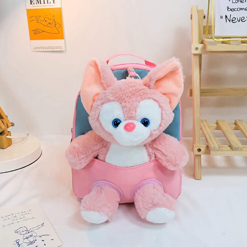 New cartoon children's backpack, kindergarten backpack, pink fox plush toy schoolbag, plush toy bag details Picture