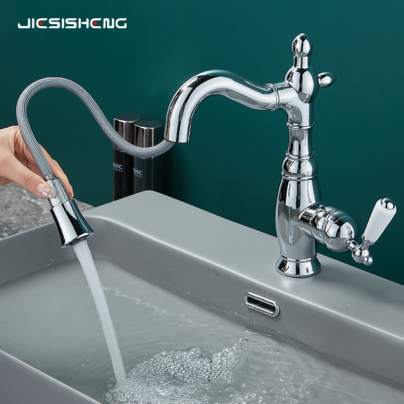 French retro copper washbasin faucet, bathroom, household bathroom counter basin, hot and cold rotating pull-out faucet, splash-proof full figure