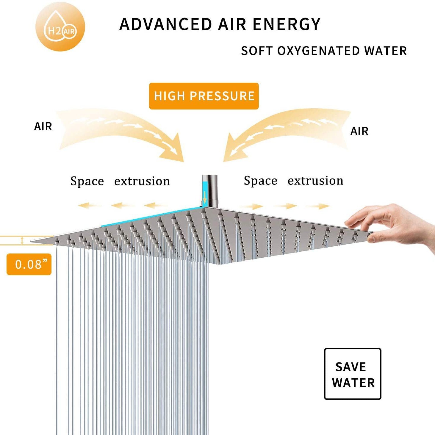 304 stainless steel top shower head, brushed square shower head, 8-inch and 10-inch metal pressurized large shower head full figure