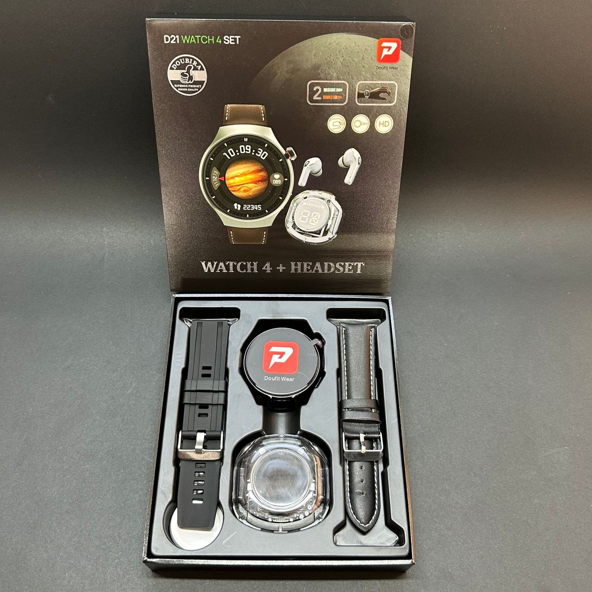 The new D21 watch4 SET round screen smartwatch set features high-definition wireless charging, steel leather, multiple straps, and 7+1 hands details Picture