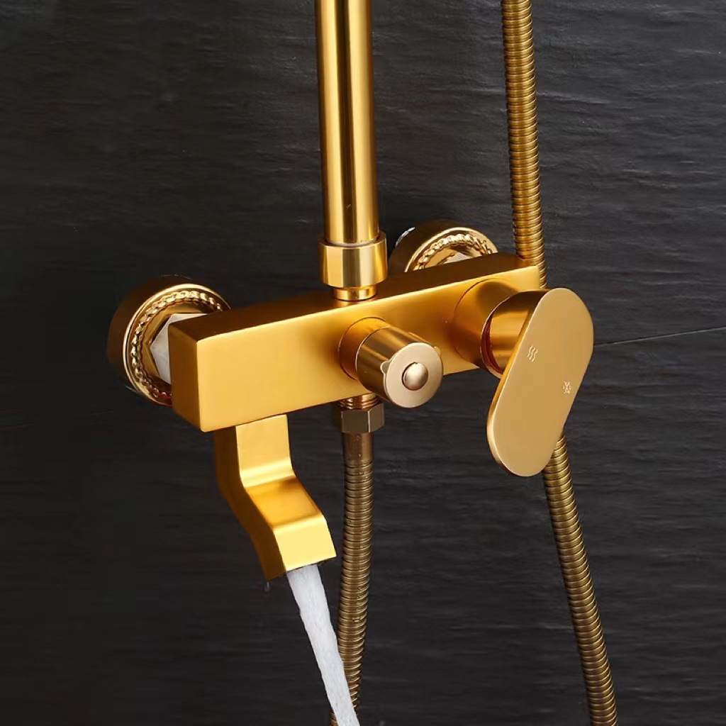 Simple golden space aluminum shower head set, cross-border exclusive, concealed button pressurized showerhead shower shower details Picture