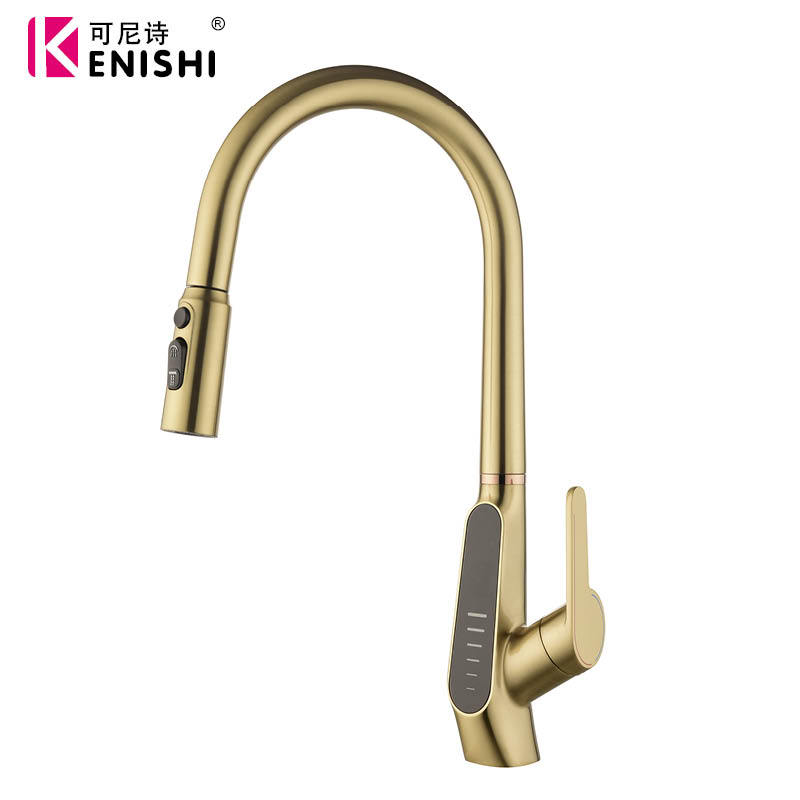 Konishi hydroelectric power digital display kitchen faucet pull-out sink faucet with brushed gold color Item Picture
