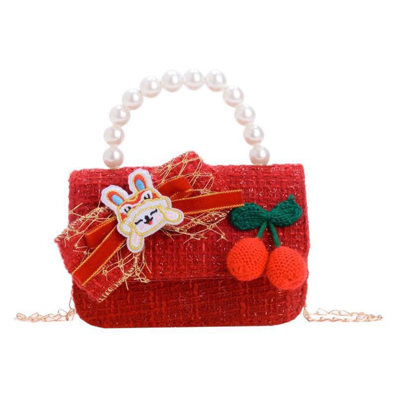 Children's bag, red bow, chanel-style girl's handbag, pearl beaded loose change, cute princess-style small bag Item Picture