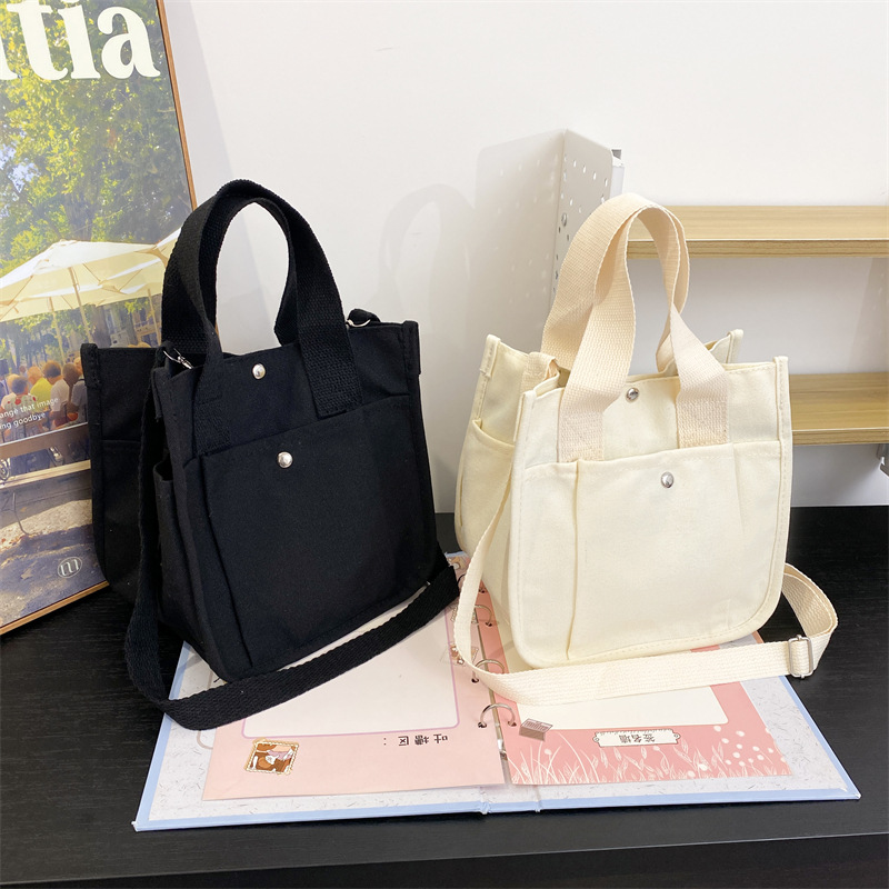 Casual Japanese-style small bag 2024 Summer new student solid color canvas crossbody bag, women's single-shoulder hand-held small square bag details Picture