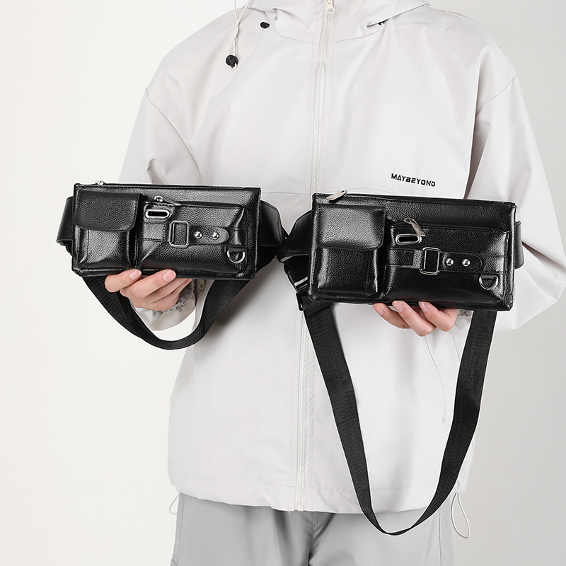 New men's PU leather waist bag, Korean style simple outdoor casual black waist bag, men's business travel waist and chest bag Specification drawing