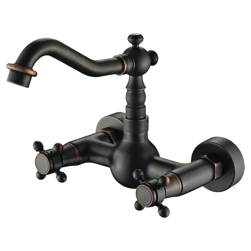 European-style all-copper home decoration, antique and simple wall-mounted kitchen faucet, rotatable kitchen sink, cold and hot water faucet Item Picture