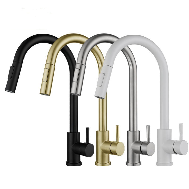 304 stainless steel flat kitchen faucet, pull-out universal telescopic rotating sink, sink, hot and cold water faucet full figure