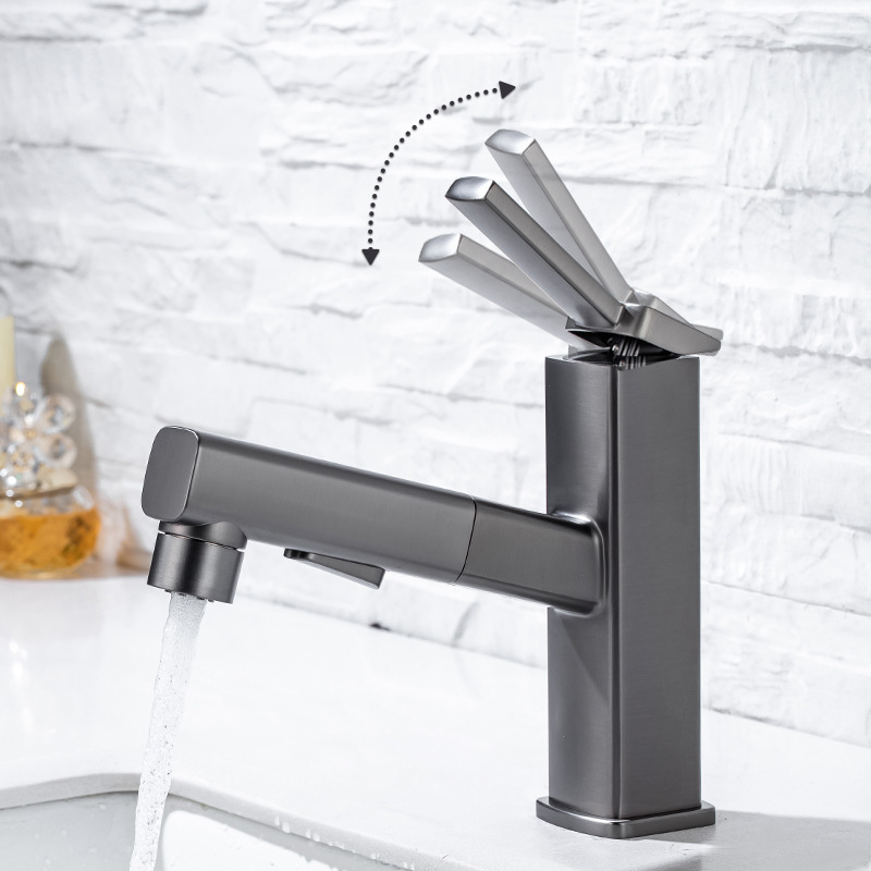 Carefully selected gun gray bathroom washbasin faucet that can be pulled and rotated to overflow water. Bathroom counter basin faucet Specification drawing