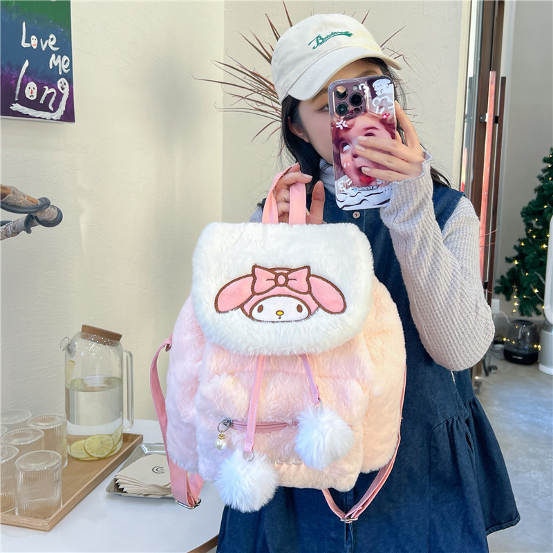Japanese-style Instagram cute autumn and winter plush flip-top backpack for women 2024, large capacity, cute and sweet schoolbag for women details Picture