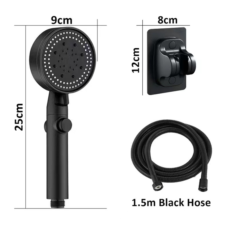 Black five-speed shower head, bathroom nozzle, pressurized water output, showerhead, hand-held showerhead, filtration, five-speed water output Application Scenario