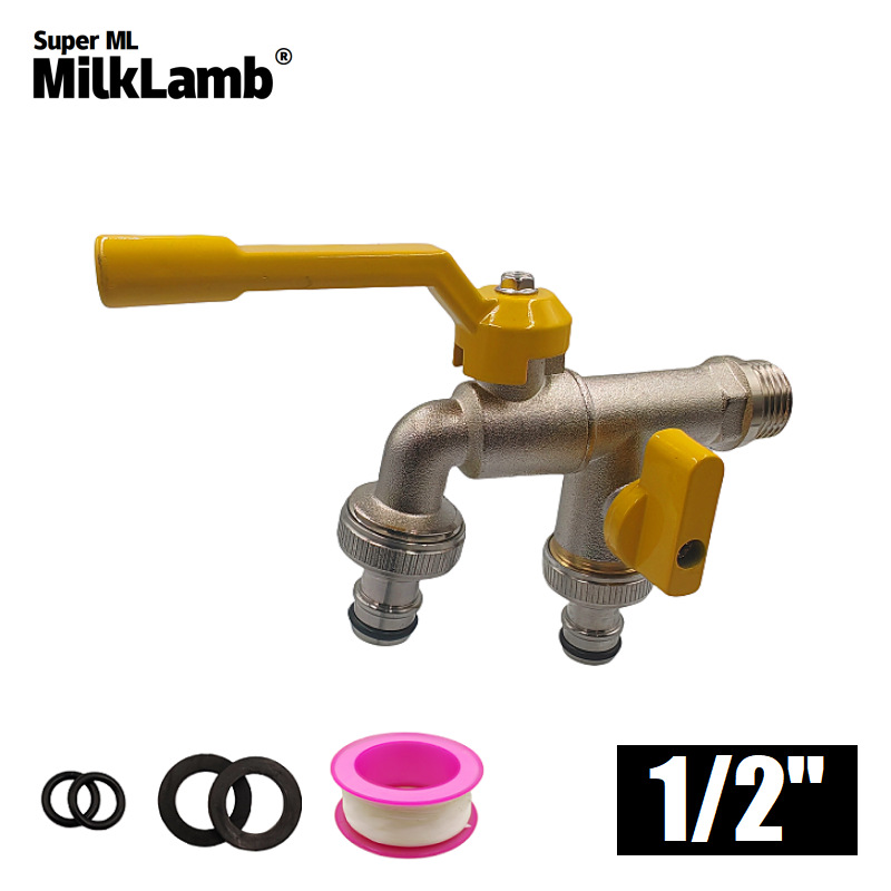 Cross-border exclusive 1/2 garden double water outlet brass faucet, one in and two out double pacifier brass faucet full figure