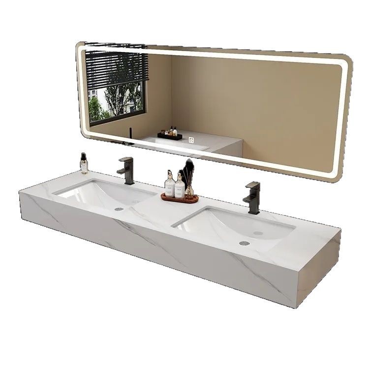 Public restroom rock plate washbasin, double-basin bathroom cabinet, wall-mounted double-person washbasin cabinet, combination bathroom set Item Picture