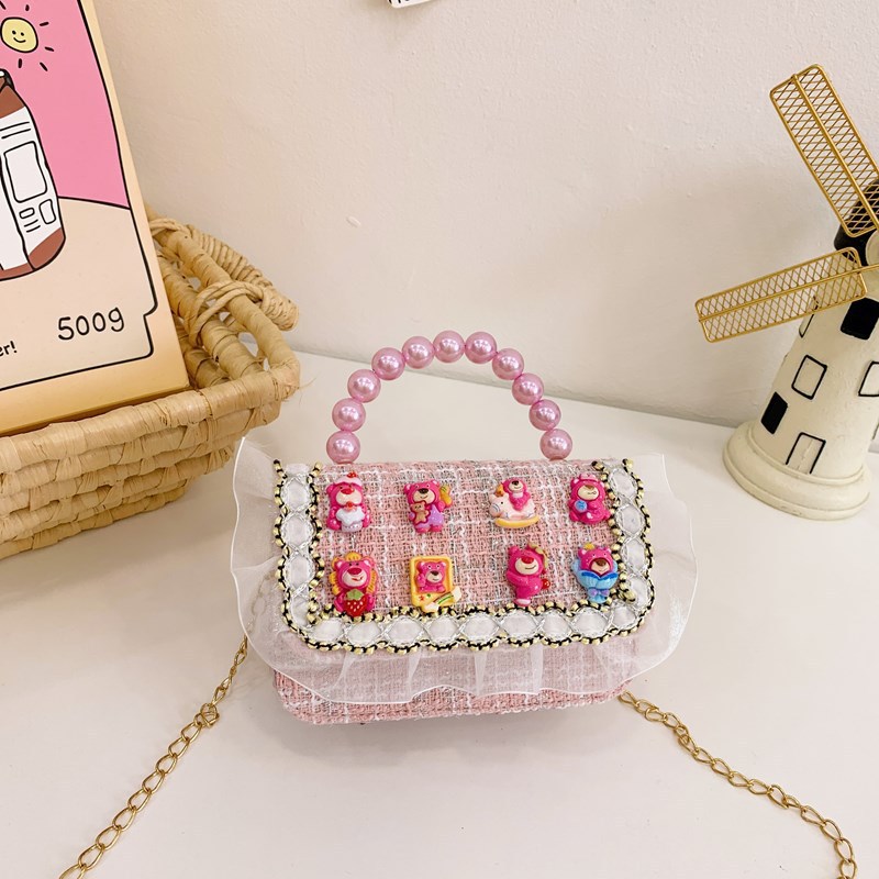 New children's bag, single-shoulder tweed little Chanel princess pearl handbag, girls' stylish chain crossbody coin purse details Picture