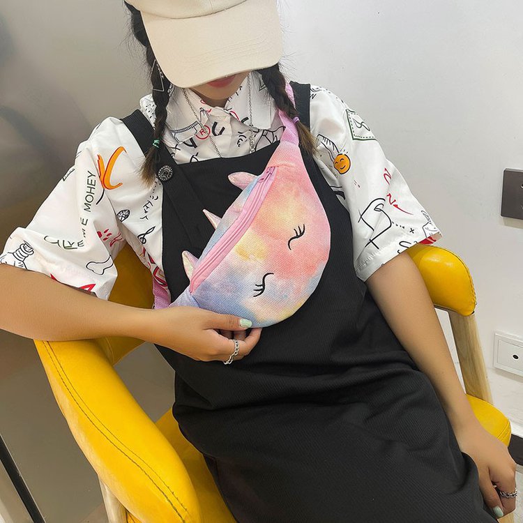 2021 New Style Girl Cartoon unicorn waist bag, Glitter Rainbow Glitter children's single-shoulder bag, primary school student chest bag details Picture