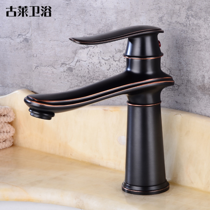 American-style black antique copper Nordic-style hot and cold washbasin with brushed finish, retro faucet, washbasin, black antique all-copper full figure