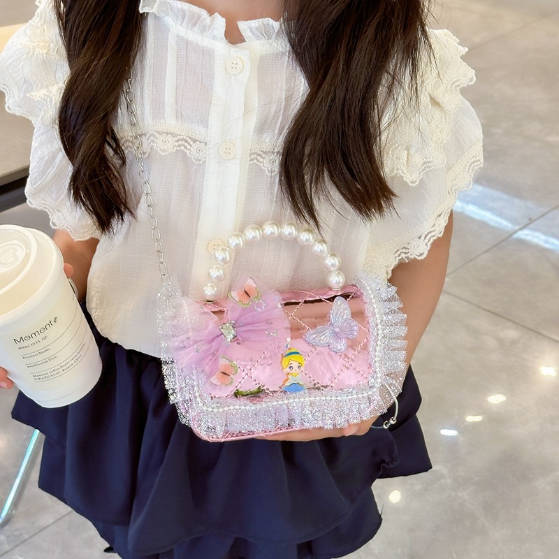 New children's bags, girls' pearl handbags, diamond-patterned lace bow, girls' single-shoulder bags, loose change crossbody bags are trendy Specification drawing