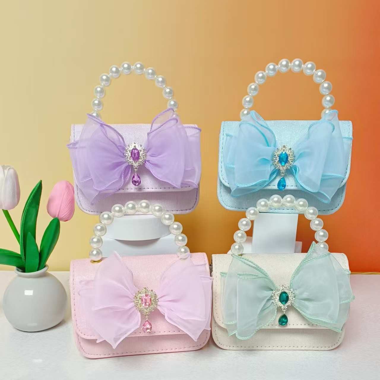 Bow pearl handbag, princess single-shoulder crossbody coin accessory bag, girl's fine, chanel-style children's gift details Picture