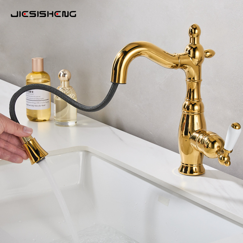 French retro copper washbasin faucet, bathroom, household bathroom counter basin, hot and cold rotating pull-out faucet, splash-proof details Picture