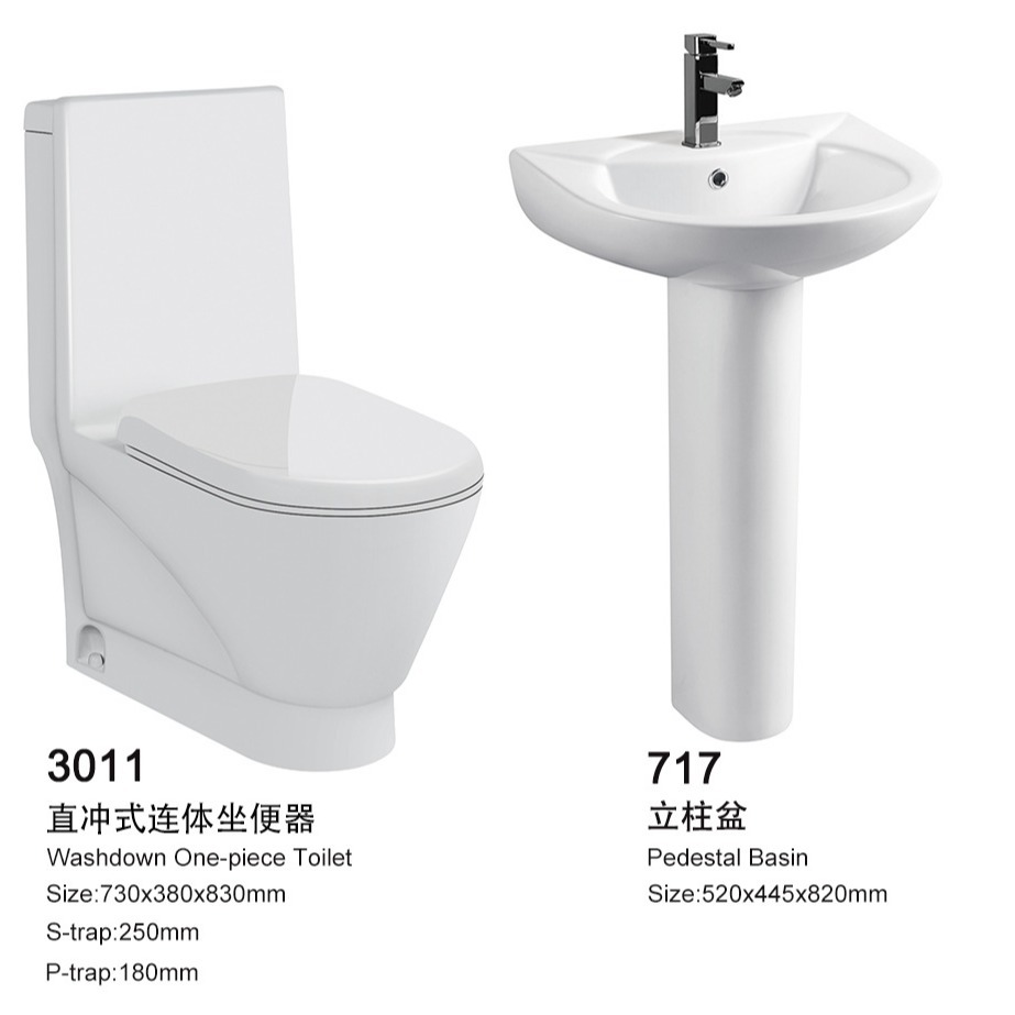 Direct-flush floor and horizontal outlet flush toilet, African and Middle Eastern split toilets and matching column basins of the same style Specification drawing