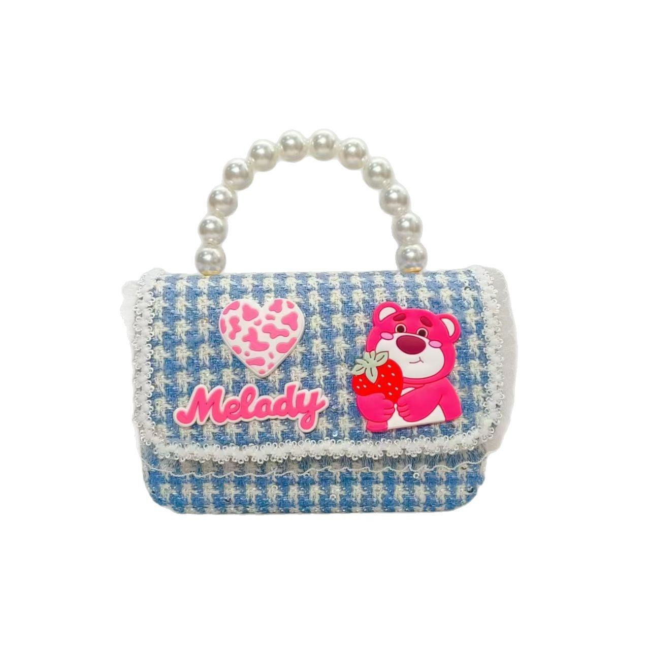 Pearl handbag, strawberry bear children's bag, crossbody loose change accessory bag, little girl lucky money bag, chain small square bag Item Picture