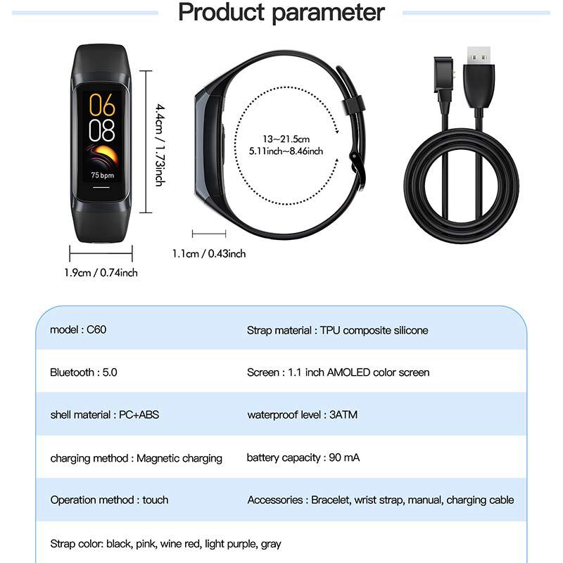 The new cross-border bestseller C60 smart bracelet for temperature measurement, blood pressure, heart rate, blood oxygen, sleep, exercise step counting and health monitoring details Picture
