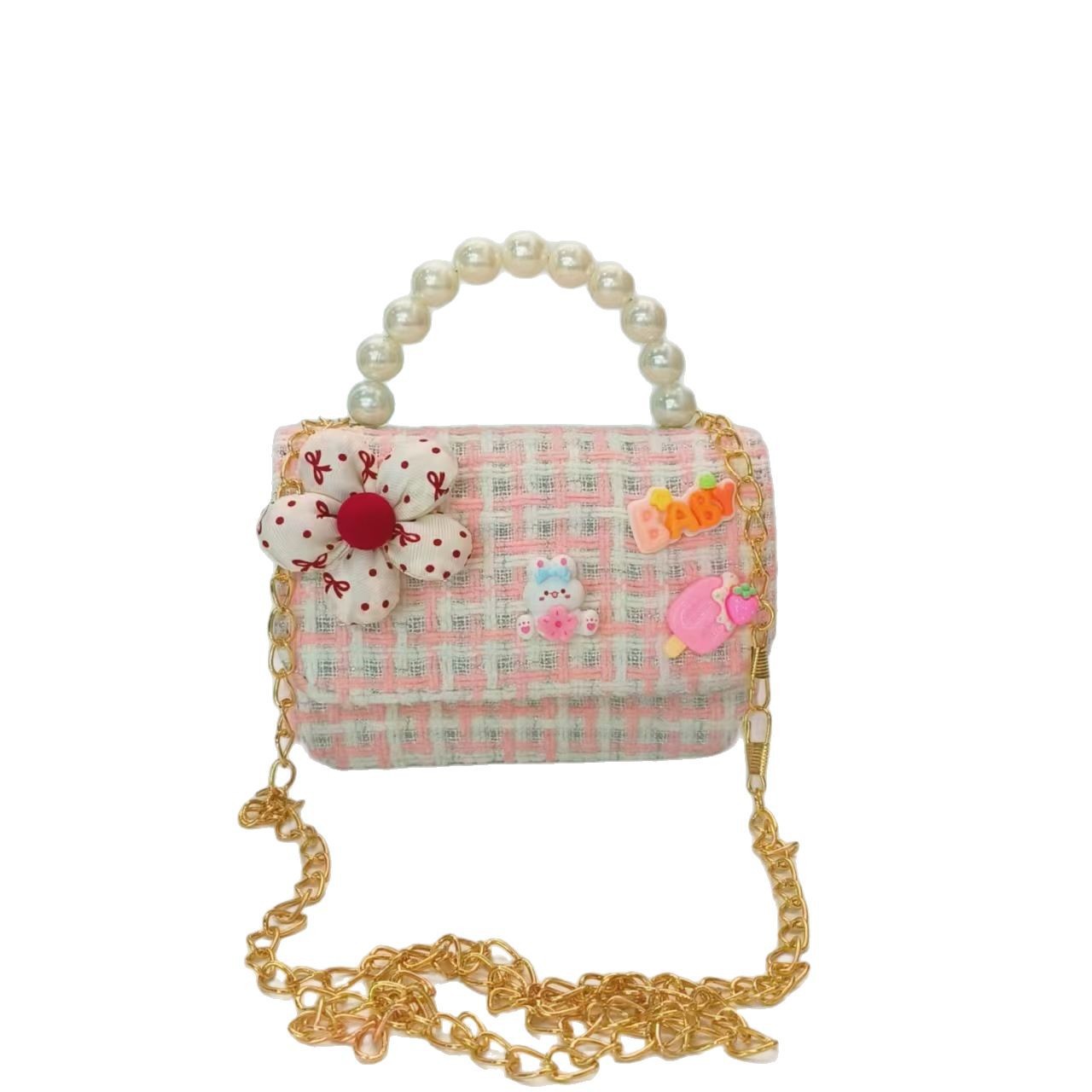 Flower rabbit pearl handbag, little girl loose change accessory bag, chain bag, bow, single-shoulder crossbody small square bag Item Picture