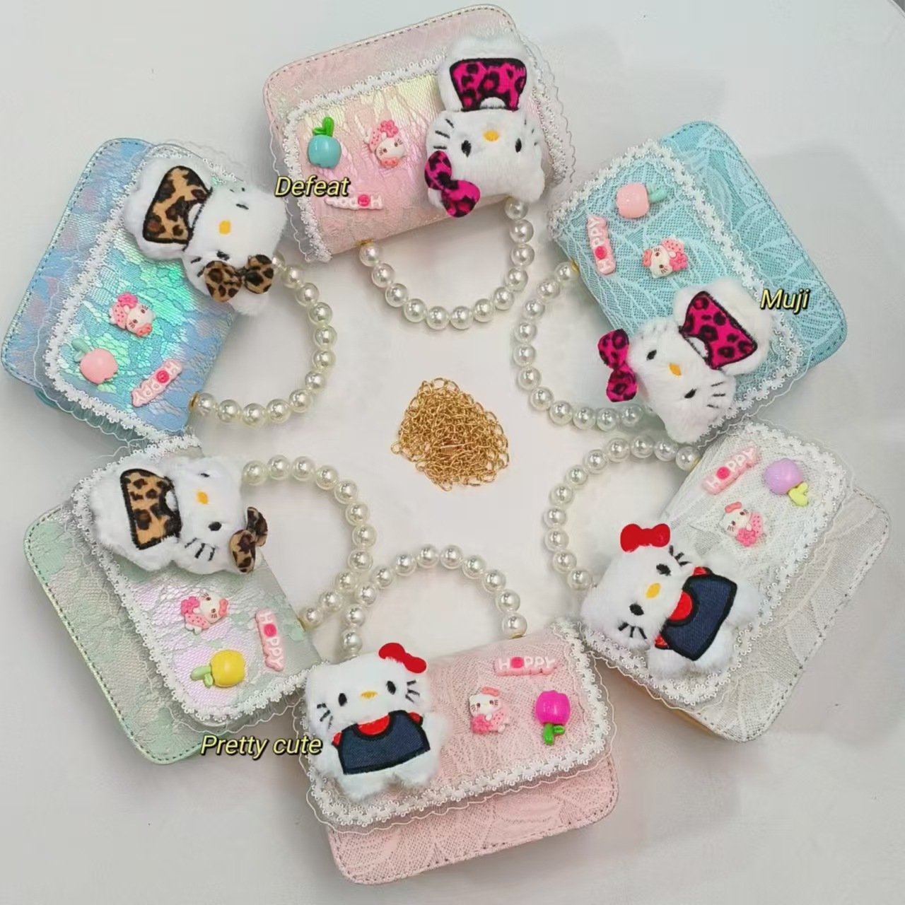 KT Cat pearl handbag, crossbody bag, loose change accessory bag, children's bag, chain bag, small square bag, lucky money bag for girls details Picture