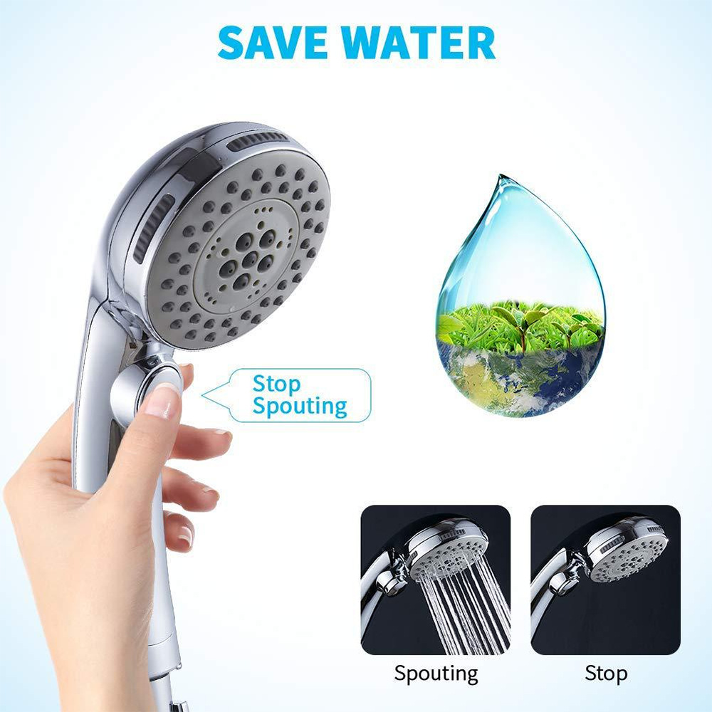 Cross-border European, American and Japanese push-button handheld showerhead set, water-stop and pressure-increasing 6 functions, bathroom showerhead 6 functions Item Picture