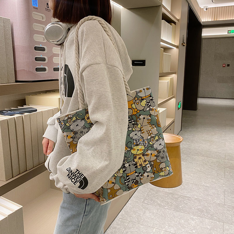 Canvas single-shoulder bags, tote bags, new trendy printed handbags, simple women's bags, large-capacity canvas bags wholesale Specification drawing