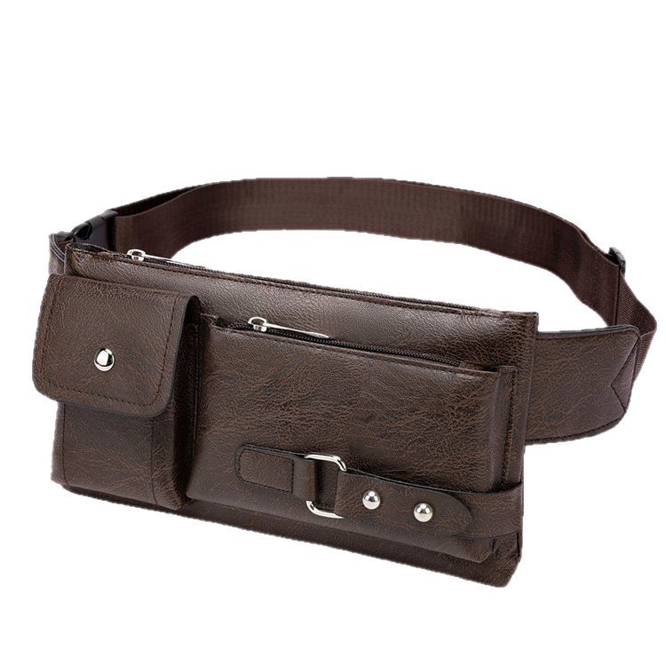 New men's PU leather waist bag, outdoor casual and fashionable black waist bag, men's business travel trendy waist and chest bag Item Picture