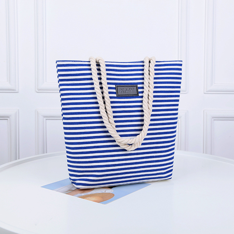 2022 Spring and Autumn New Navy Canvas bag, casual women's bag, fabric bag, single-shoulder handbag, striped large capacity bag Specification drawing