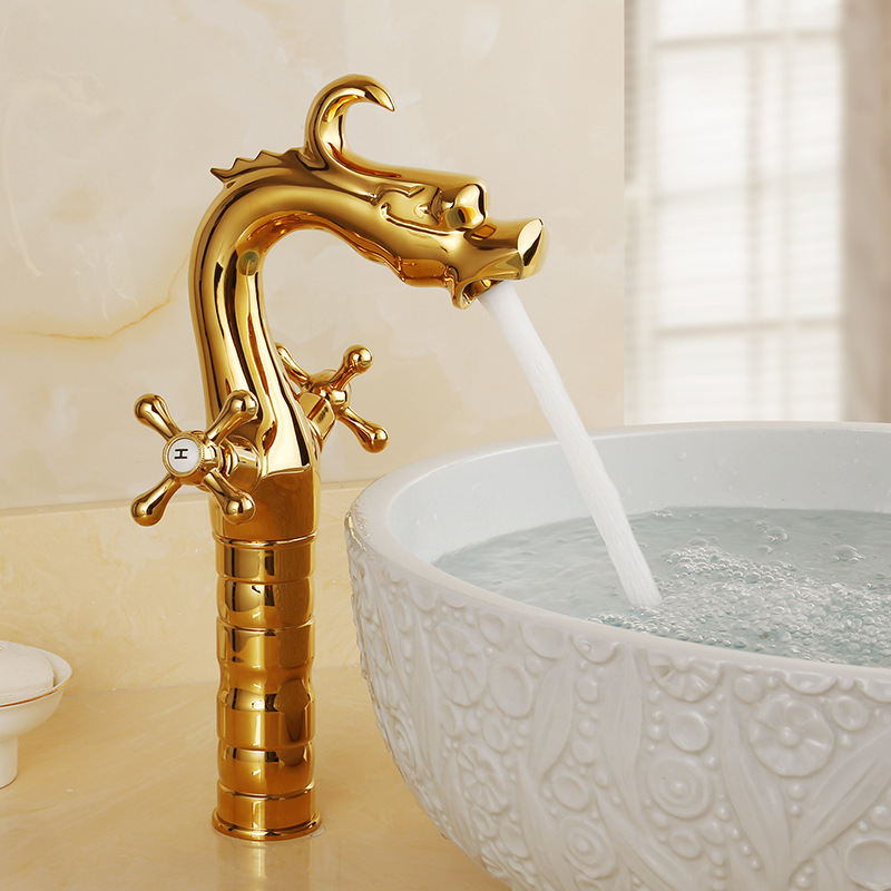 All-copper European-style antique golden faucet, dragon-shaped single-hole bathroom, retro black washbasin, washbasin faucet, hot and cold details Picture