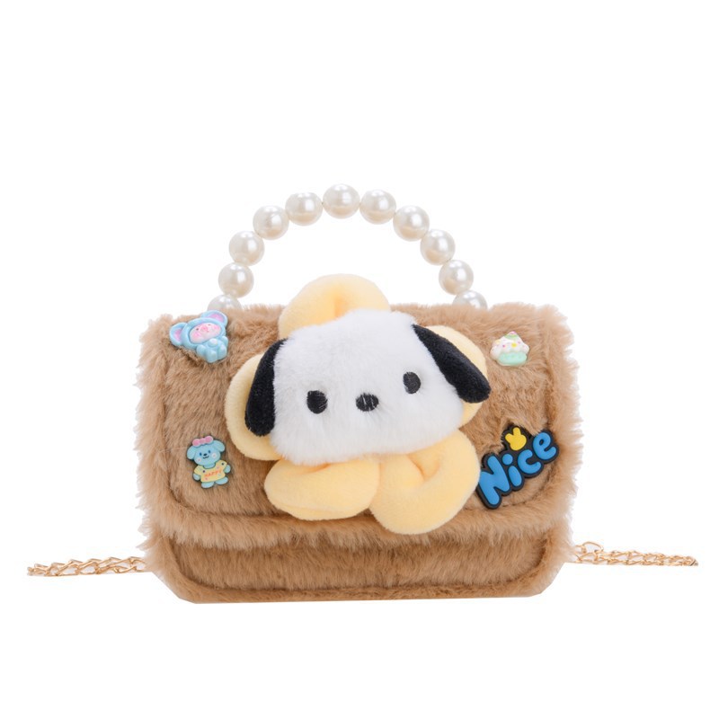 Hot spot sale: Kindergarten girl's small square bag, anime cartoon plush handbag, cute letter children's crossbody bag Item Picture