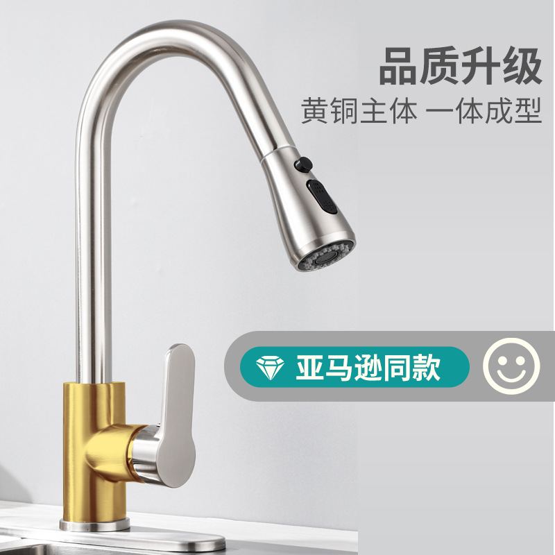 Brass pull-out kitchen faucet, 304 stainless steel double water outlet cold and hot sink faucet Application Scenario