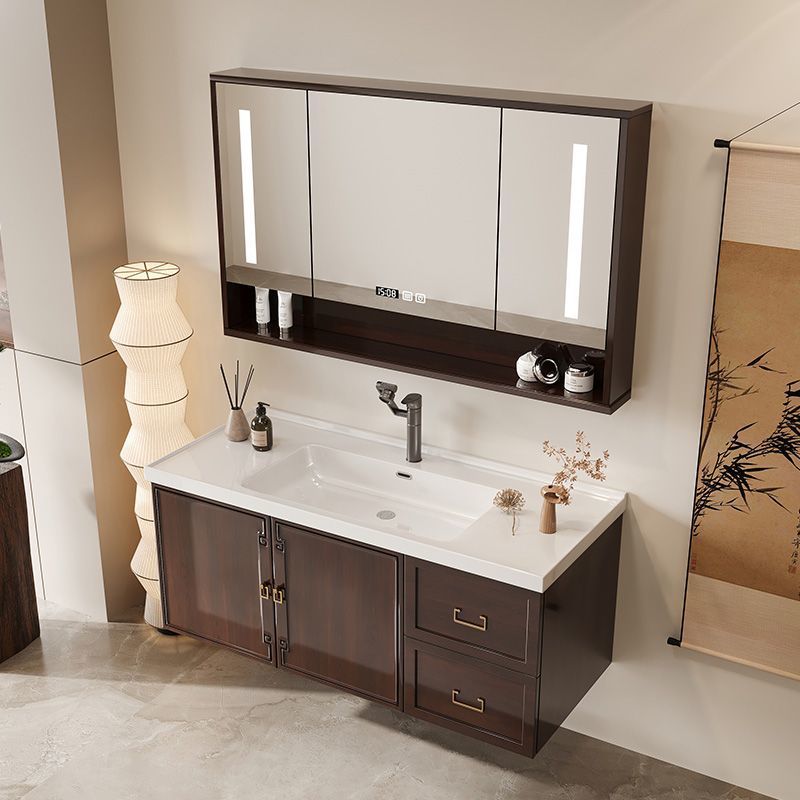 Oak simple modern smart bathroom cabinet, mirror cabinet combination, lacquered solid wood, new Chinese-style bathroom washbasin, ceramic Specification drawing